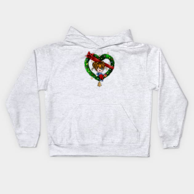 Christmas wreath chibi Kids Hoodie by Drawers of Drawing